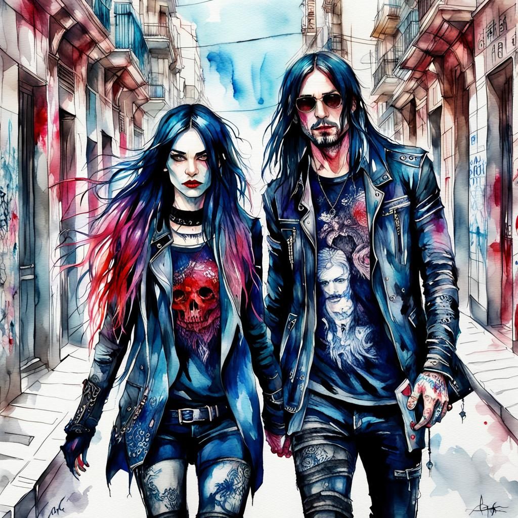 Gothic Couple in Barcelona: Digital Watercolor Art