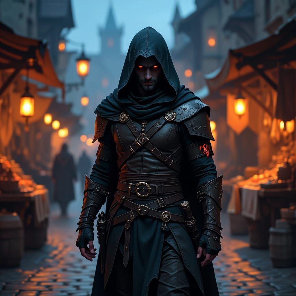 Tiefling Rogue in Dark Fantasy Marketplace