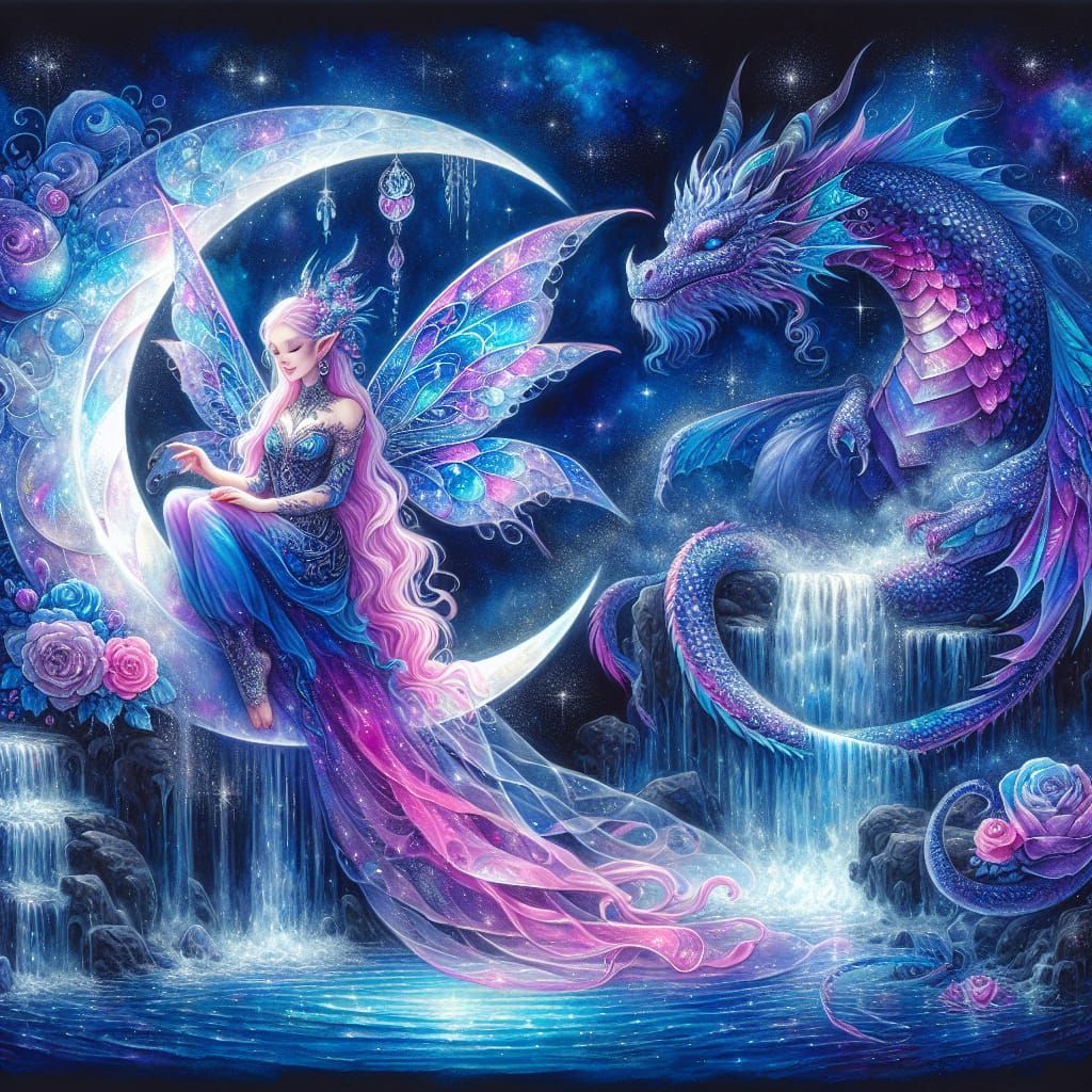 Fairy and Cosmic Dragon Under a Crescent Moon