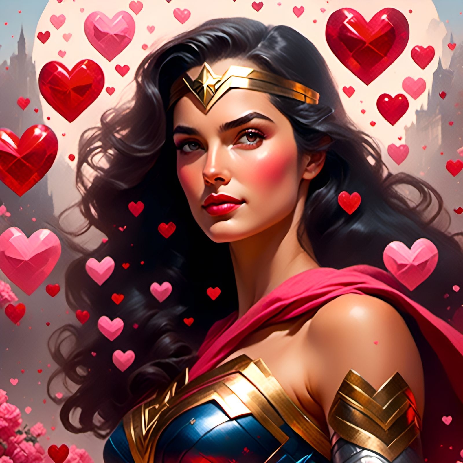 Wonder Woman Surrounded by Valentine's Hearts