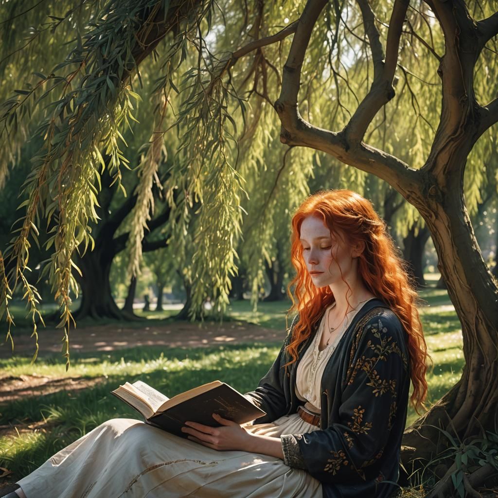 Woman Reading Under Willow Tree in Pre-Raphaelite Style