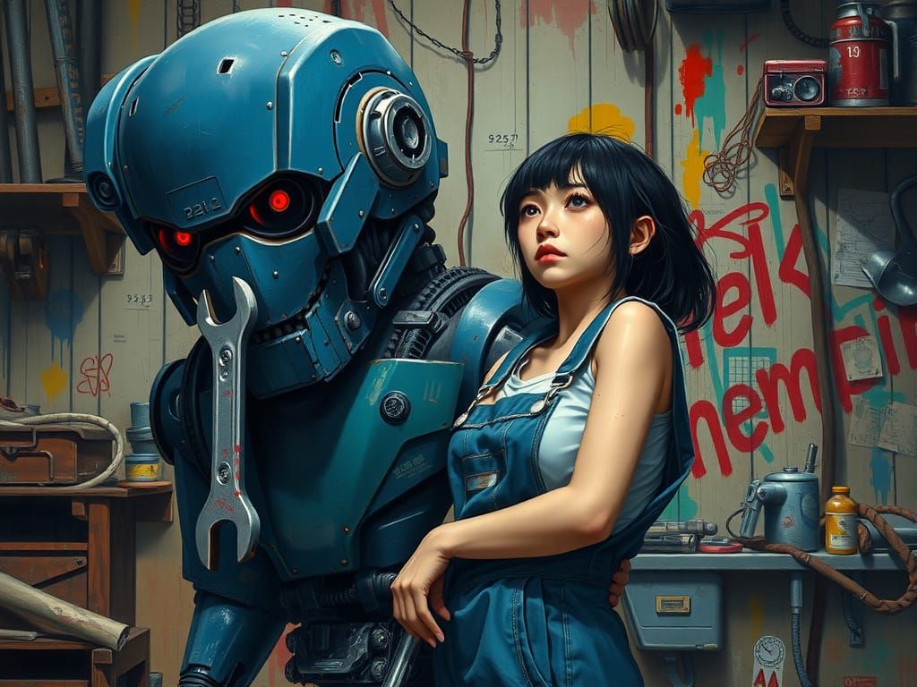 Weary Mechanic Slumps Against Her Cyberpunk Robot