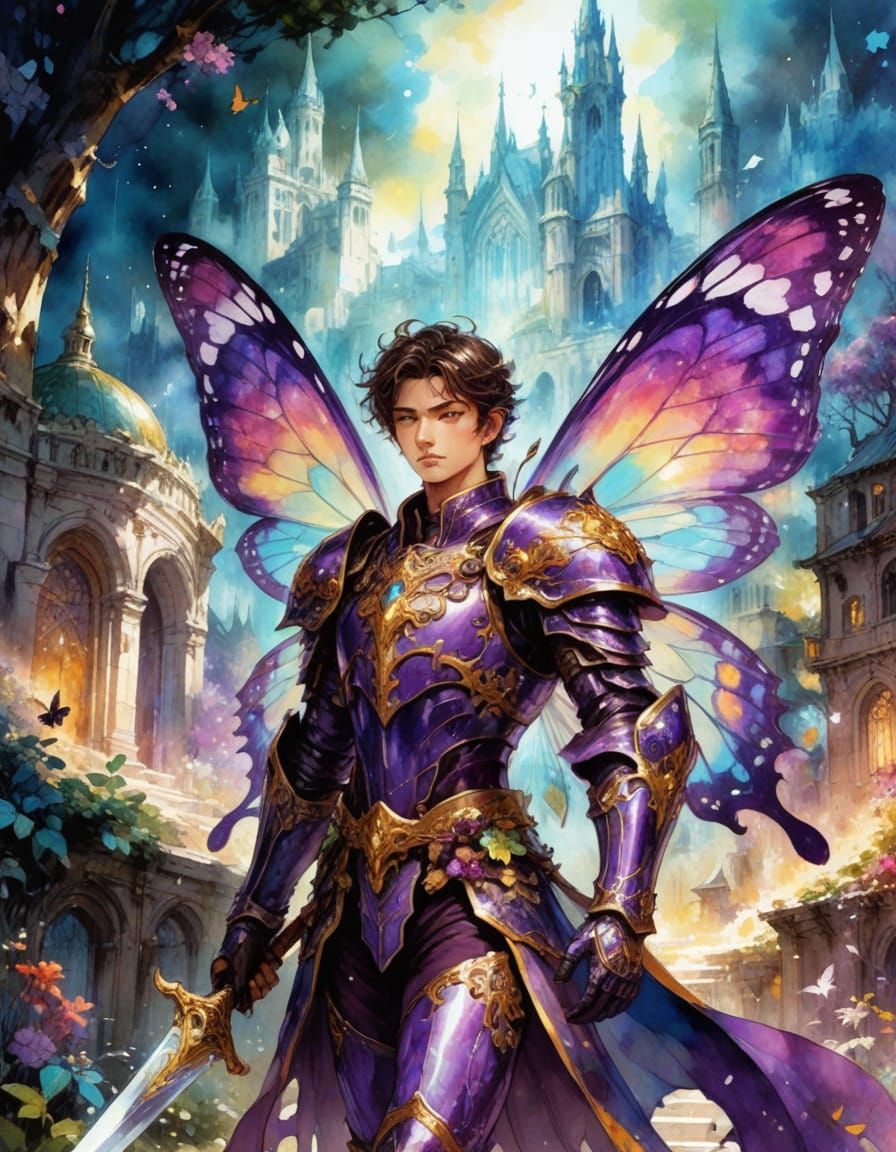 Fairy Knight in Amethyst Armor, Ethereal City Backdrop