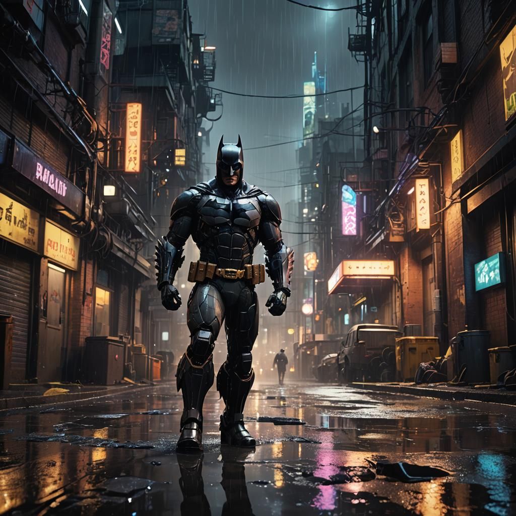 Batman in Rainy Sci-Fi Alleyway Concept Art