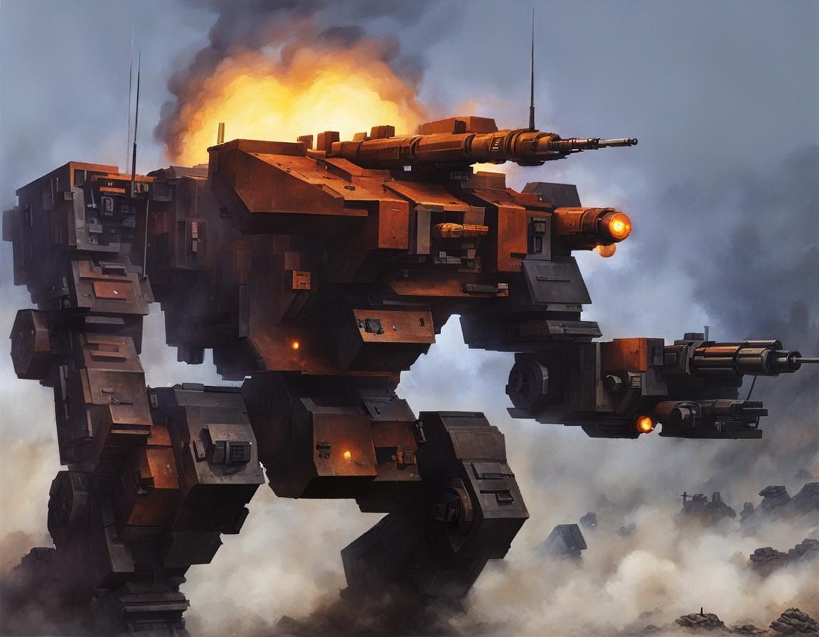 Mech Warrior in Sci-Fi Battlefield at Night