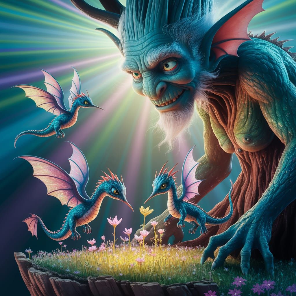 Miniature Dragons Tend Glowing Flora in Enchanted Grove