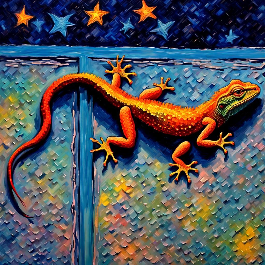 Lizard on Window Screen: Impasto Oil Painting