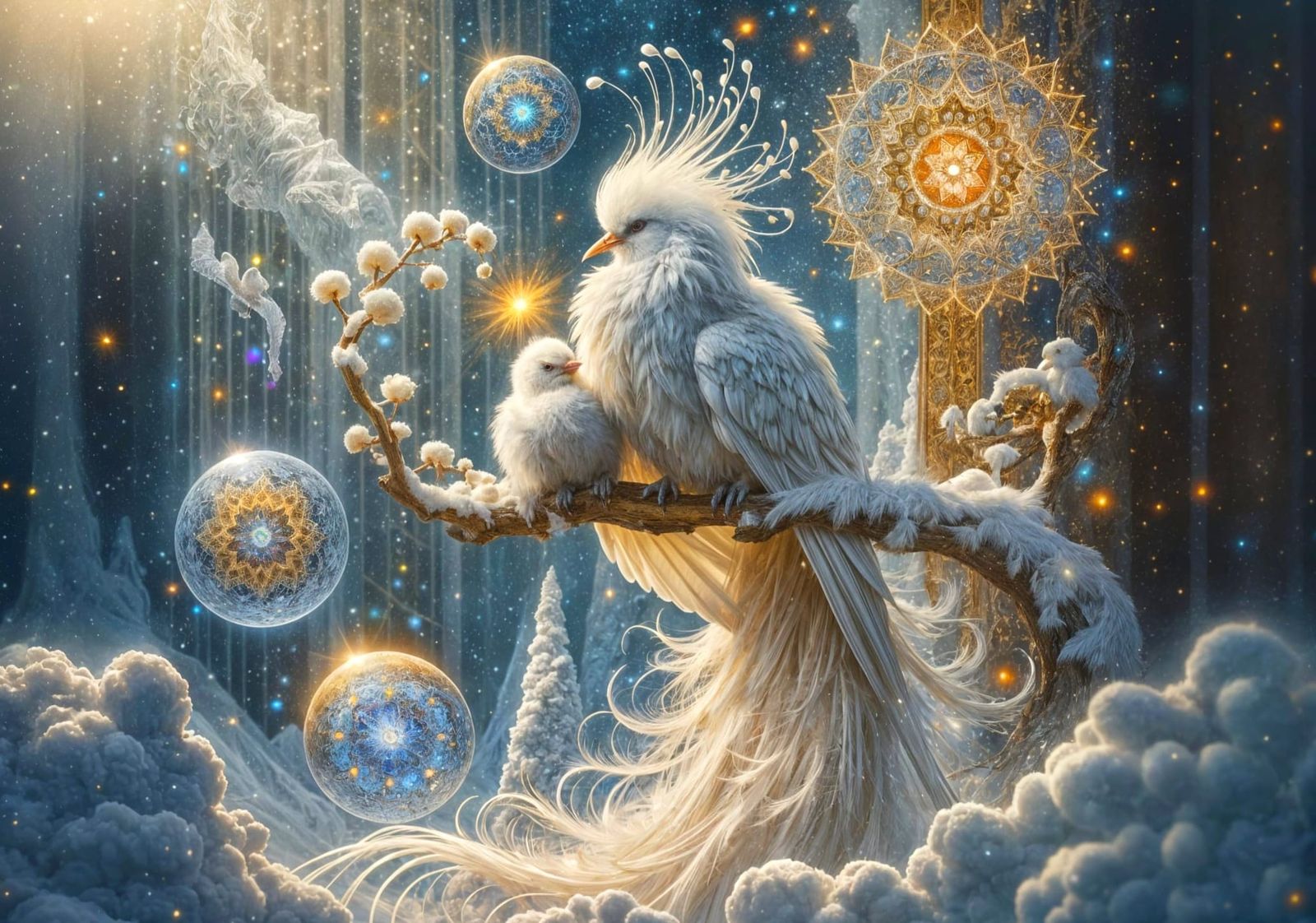 Bird of Paradise Feeds Chick Golden Light Amidst Snowy Mount...