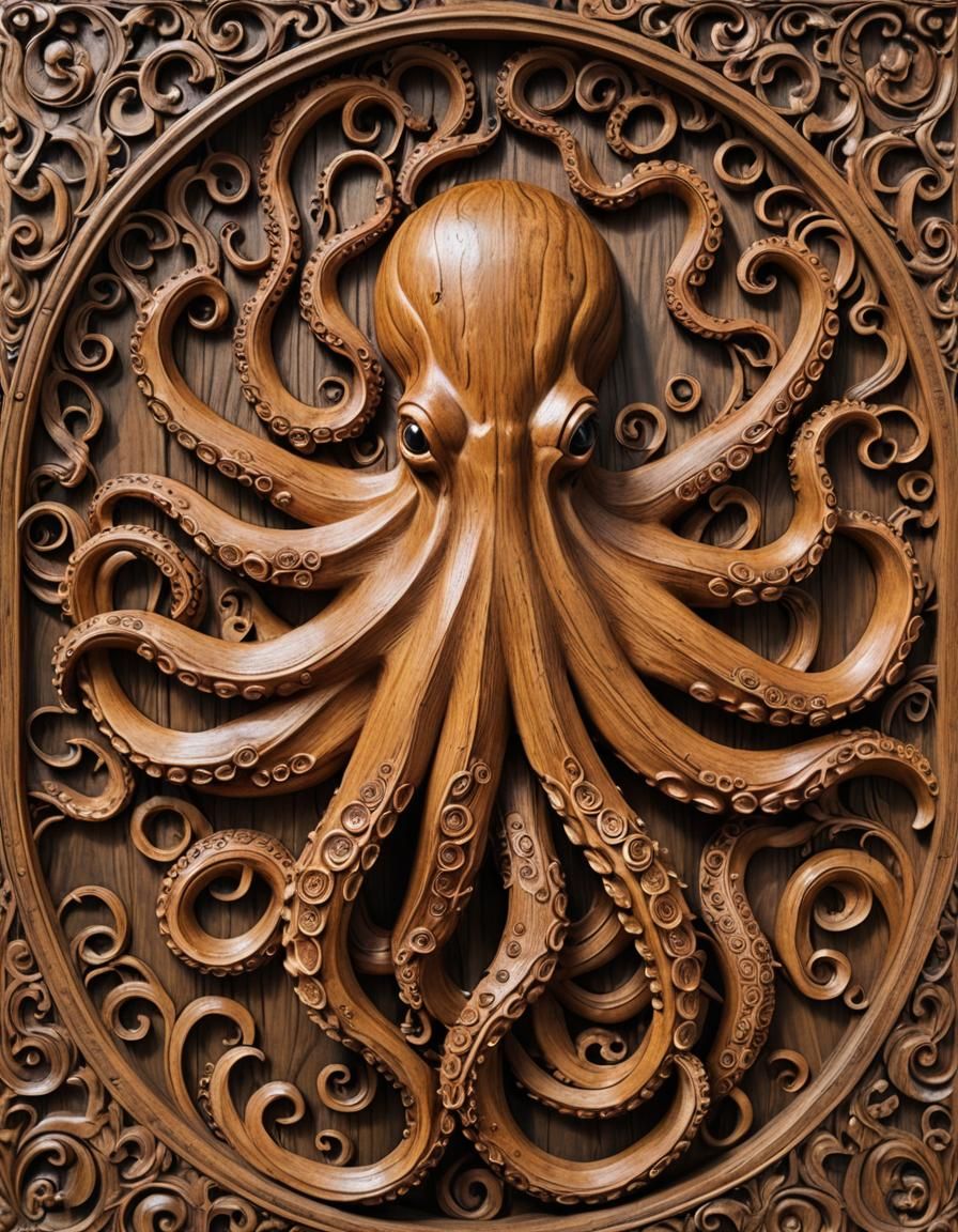 Teak Wood Wall with Carved Octopus