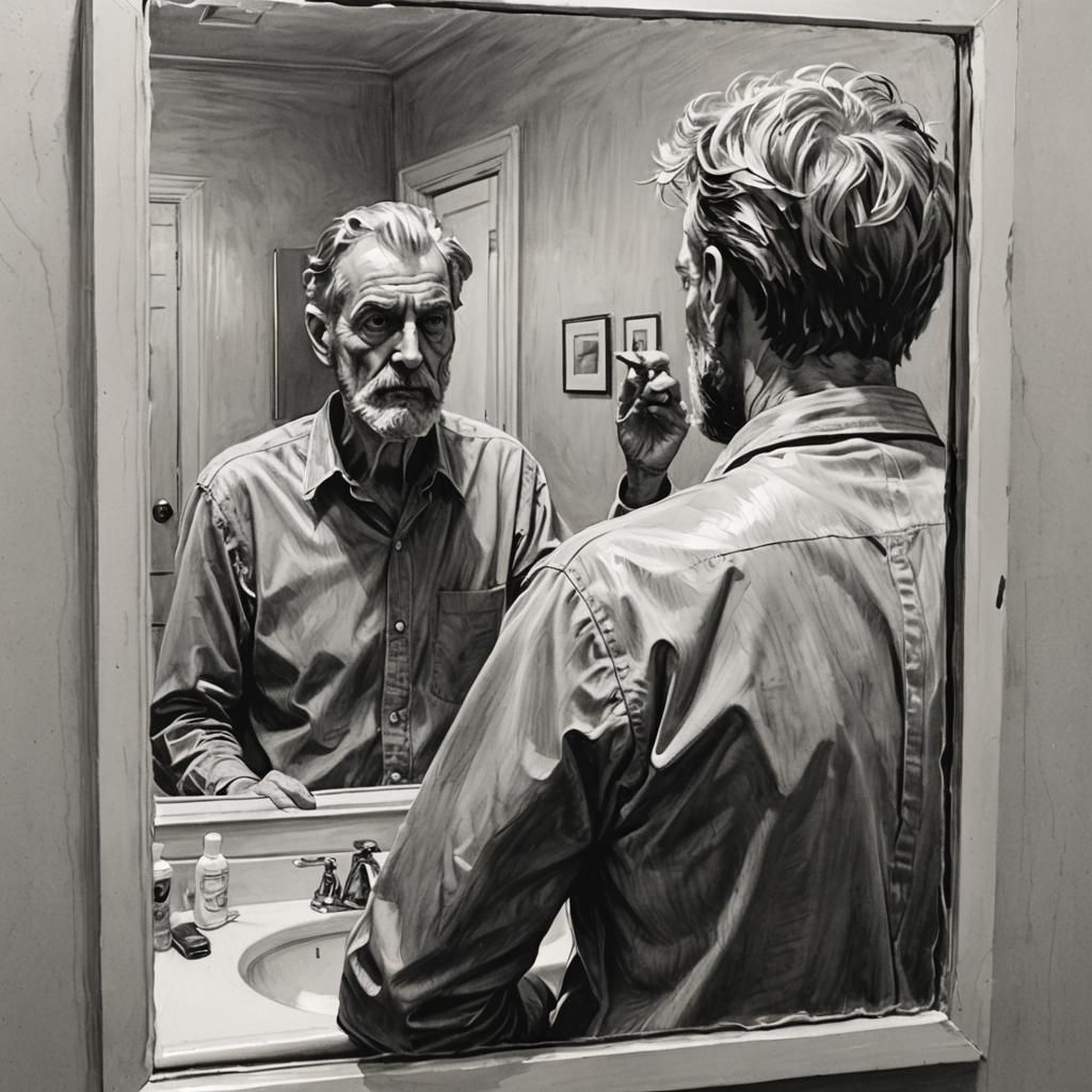 Monochrome Portrait of Man in Mirror, Film Noir Style