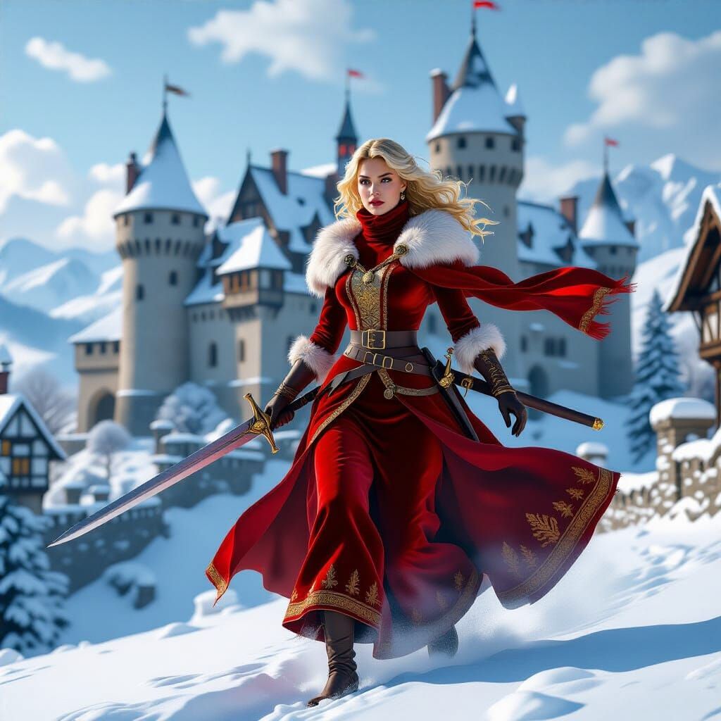 Medieval Queen with Sword near Castle, Digital Art