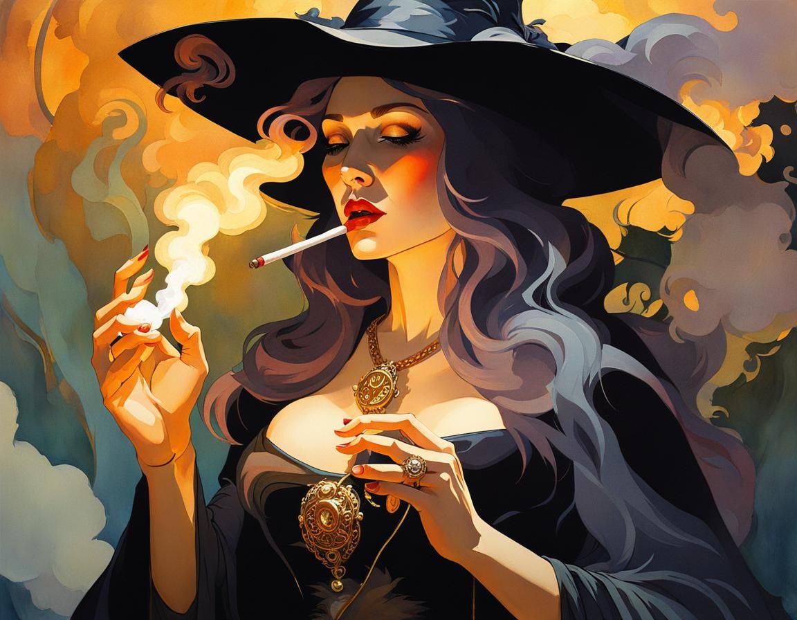 Gothic Witch in Gouache and Watercolor Style