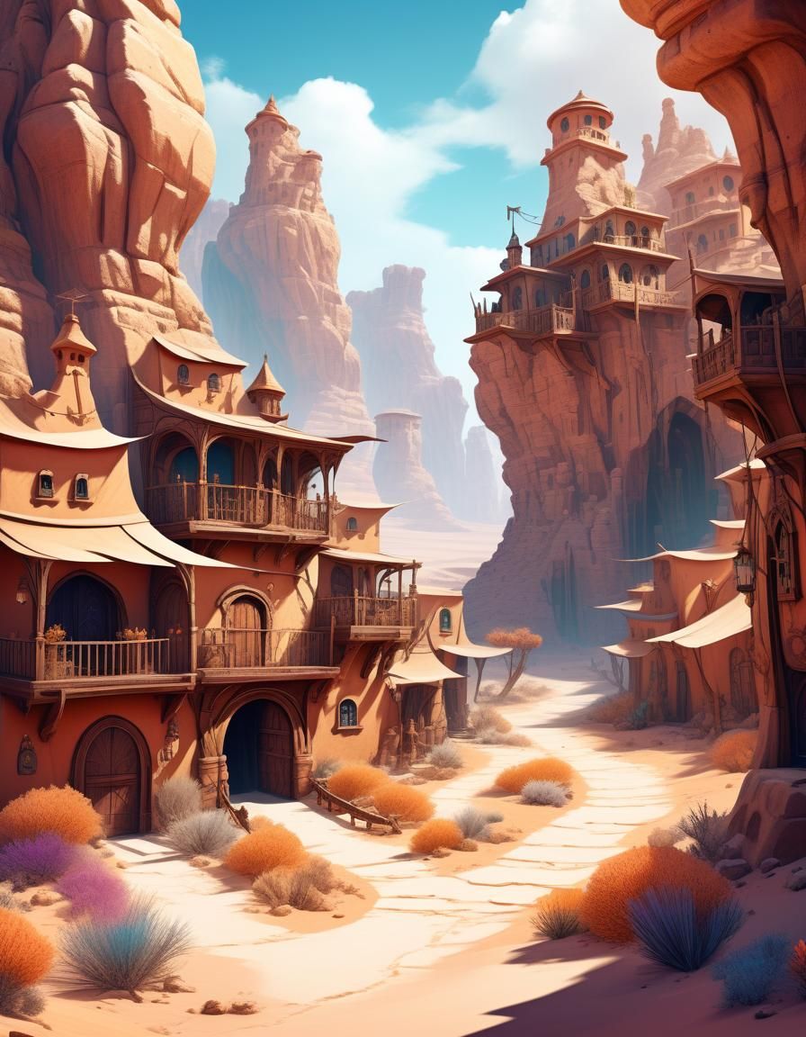 Fantastical Desert Village in Windswept Canyon
