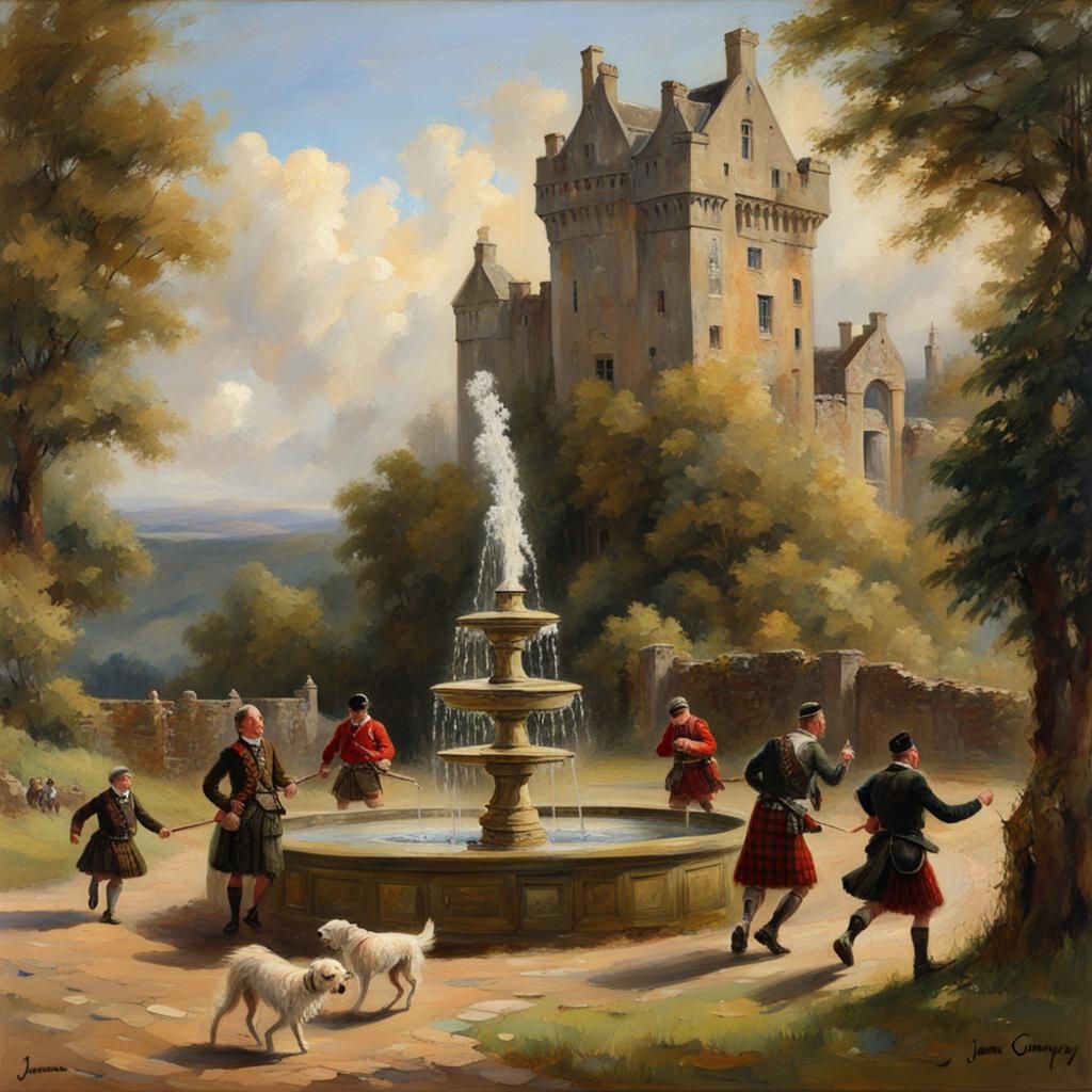 Scottish Castle Fountain: Oil Painting by James Gurney
