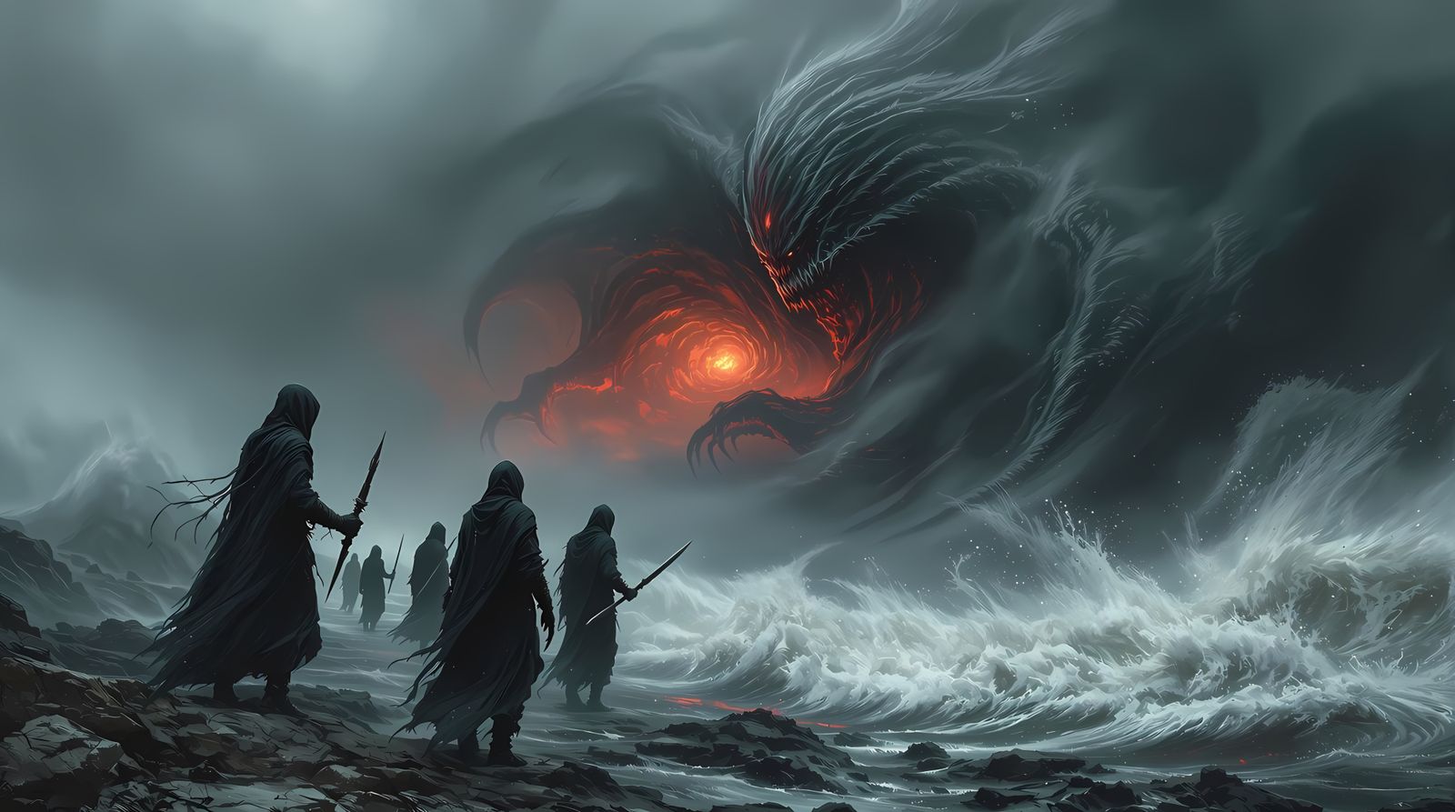 Surreal Dark Fantasy Landscape with Looming Monsters