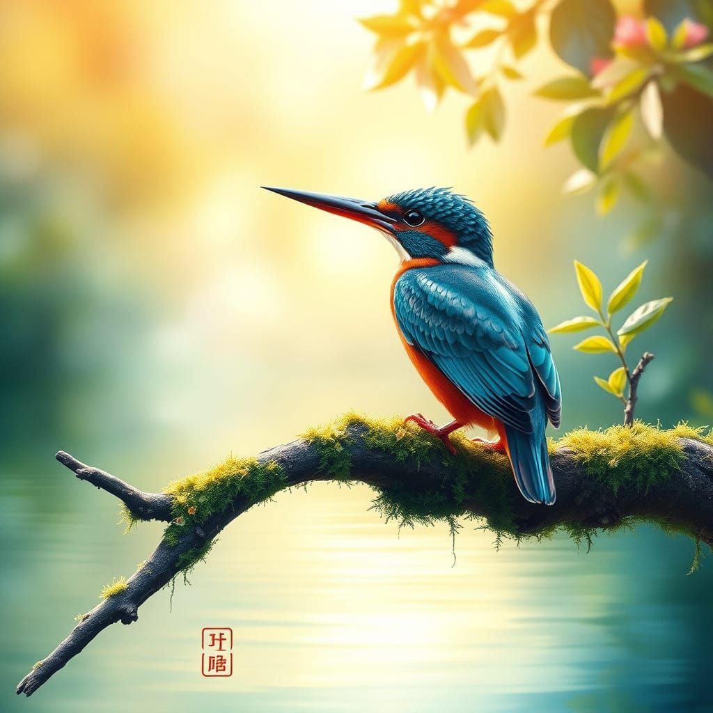 Impressionist Kingfisher Perched on a Serene Lake Branch