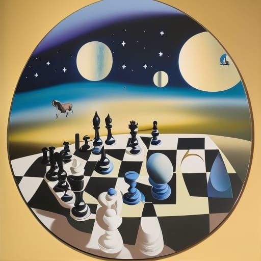 A vivid cartoon of playing chess at a classical music concert under a starry night sky surrealism Salvador Dali matte ba...
