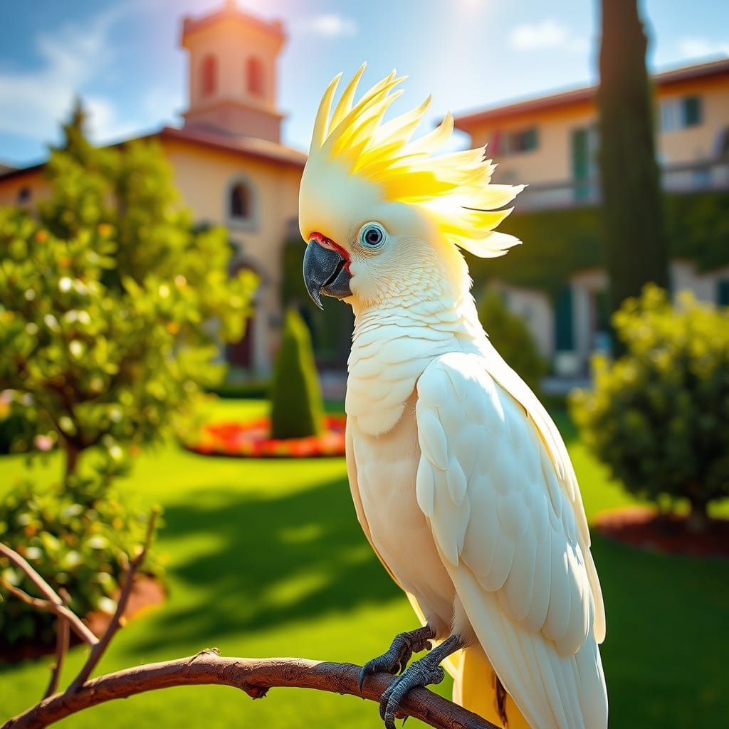 Regal Sulphur-Crested Cockatoo in Tuscan Garden