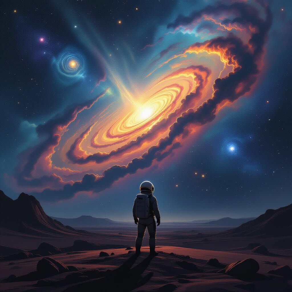 Astronaut Contemplates Nebula in Post-Impressionist Style