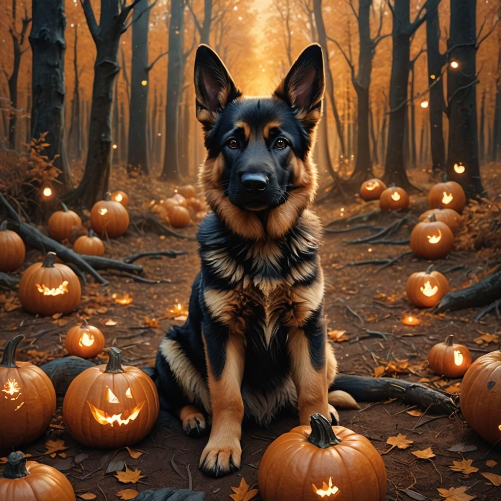 Cute Puppy in Pumpkin, Fantasy Autumn Scene