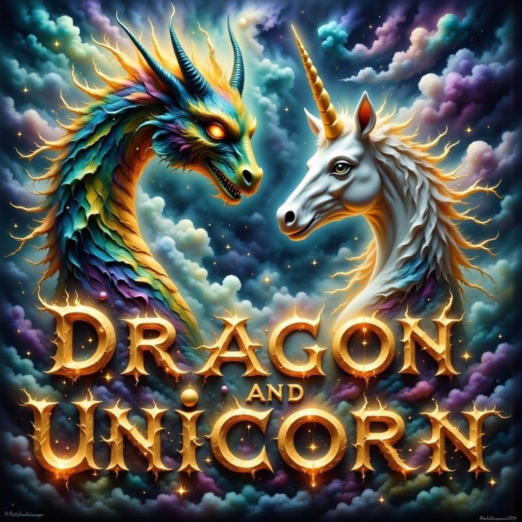 Dragon and Unicorn in Shimmering 3D Letters