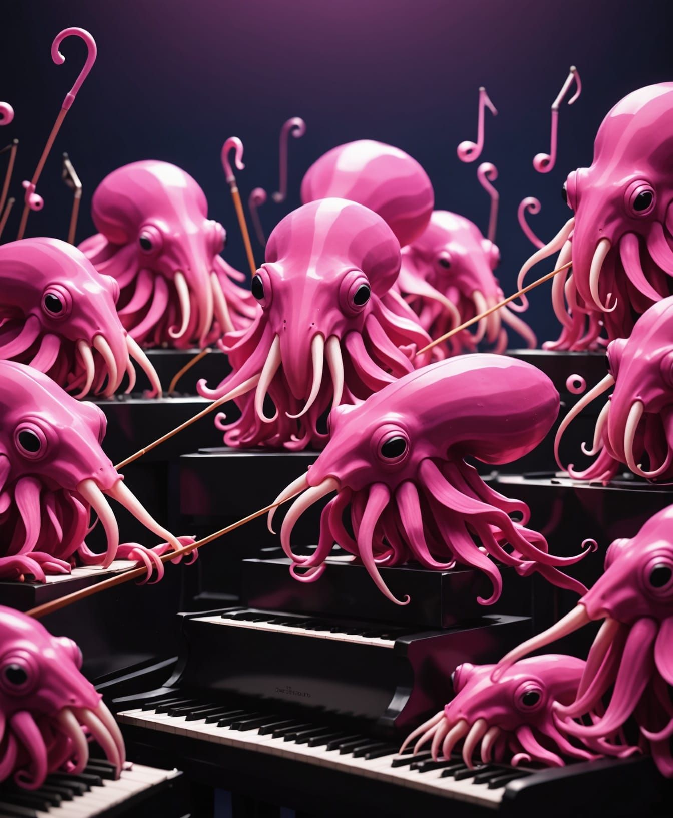 Pink Cuttlefish Orchestra in Photorealistic Style