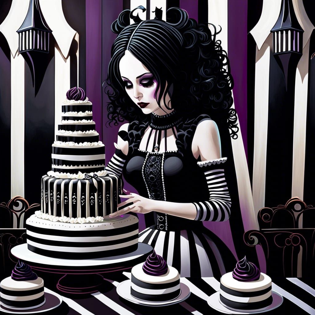 A goth girl making a big Black cake with white stripes and white gothic details, gothic style triadic colors Splash art ...