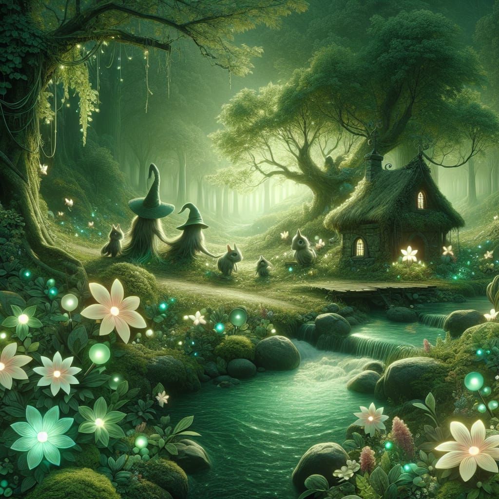 Lush Forest Scene with Witch's Hut in Hyperrealism