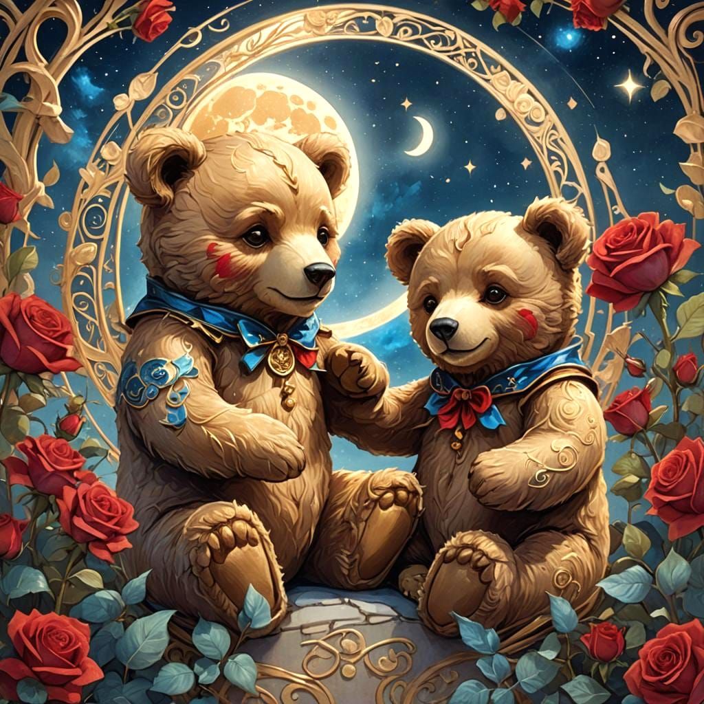Teddy Bears Proposing Under Blue Moon
