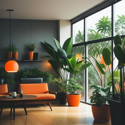 Modern Orange Lounge with Plants, Professional Photography