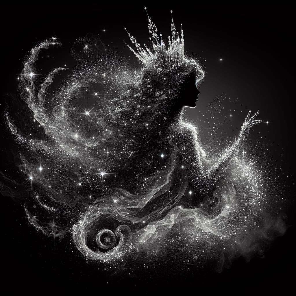 Ethereal Water Queen Silhouette with Dark Stars