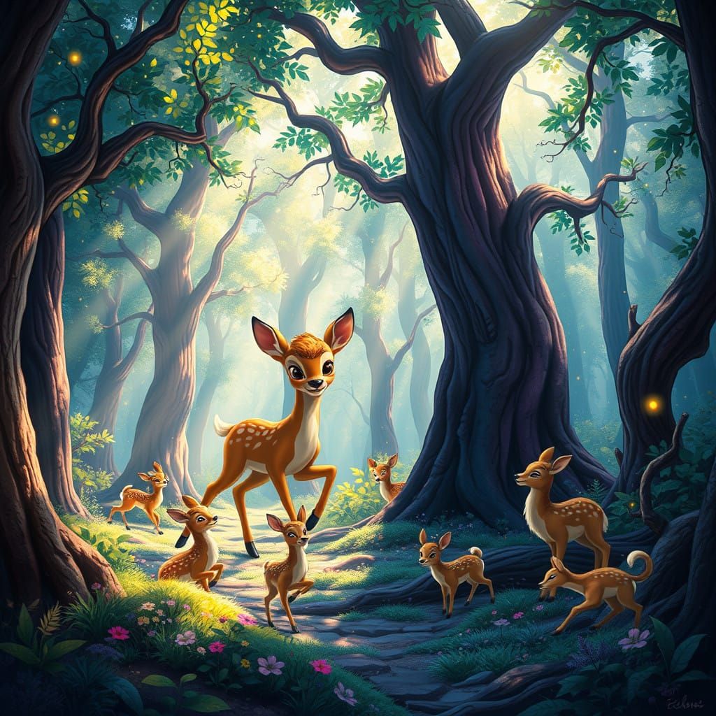 Frolicking Friends in Whimsical Enchanted Forest