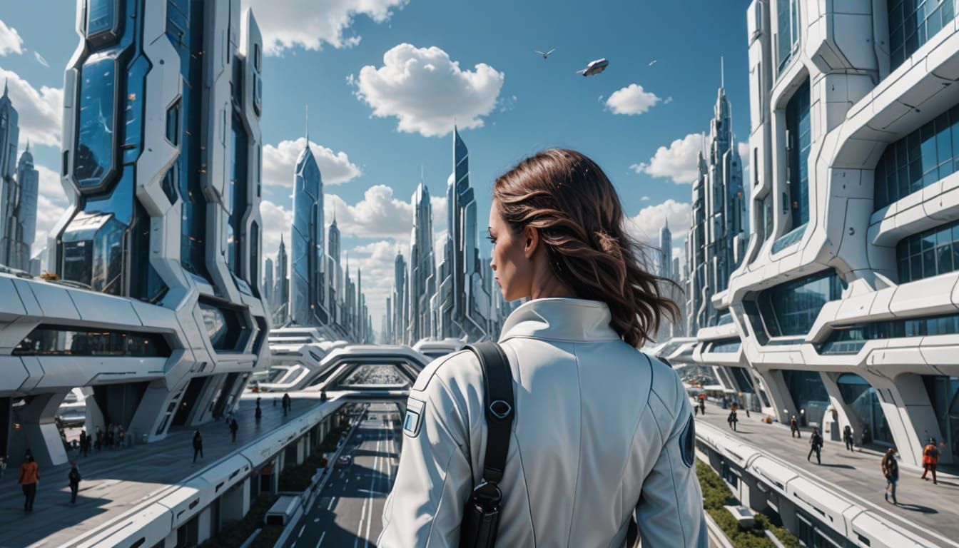 Futuristic Girl Explores Vast White Cityscape