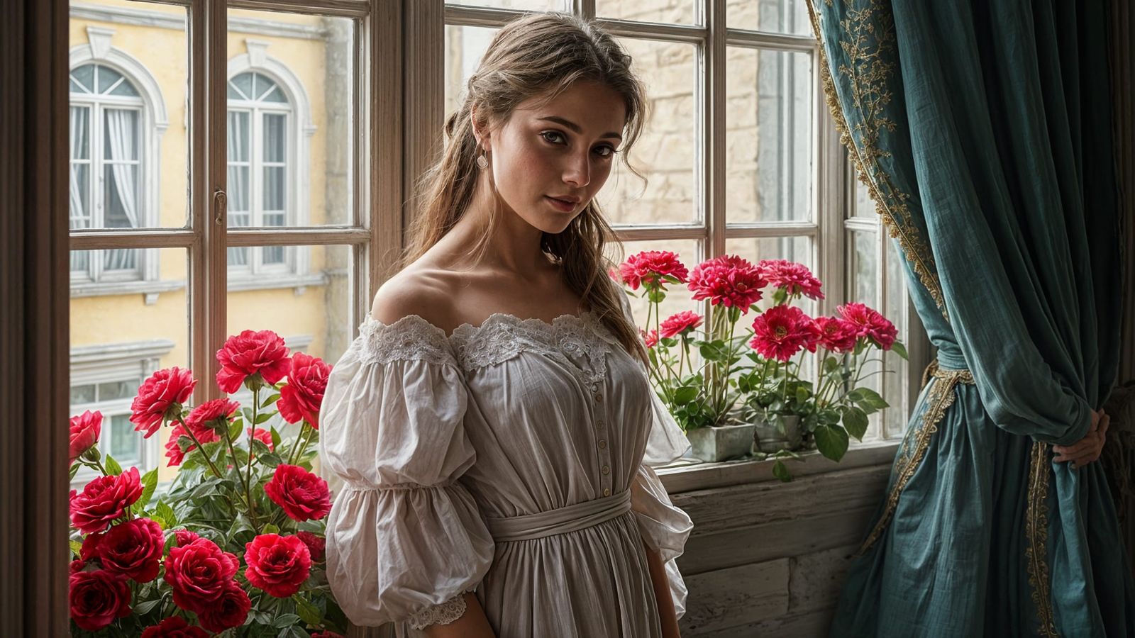 Woman in Spring Dress by Window, 1895 Style