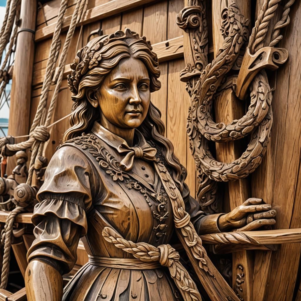 Ship's Bow Statue in Traditional Wood Carving Style