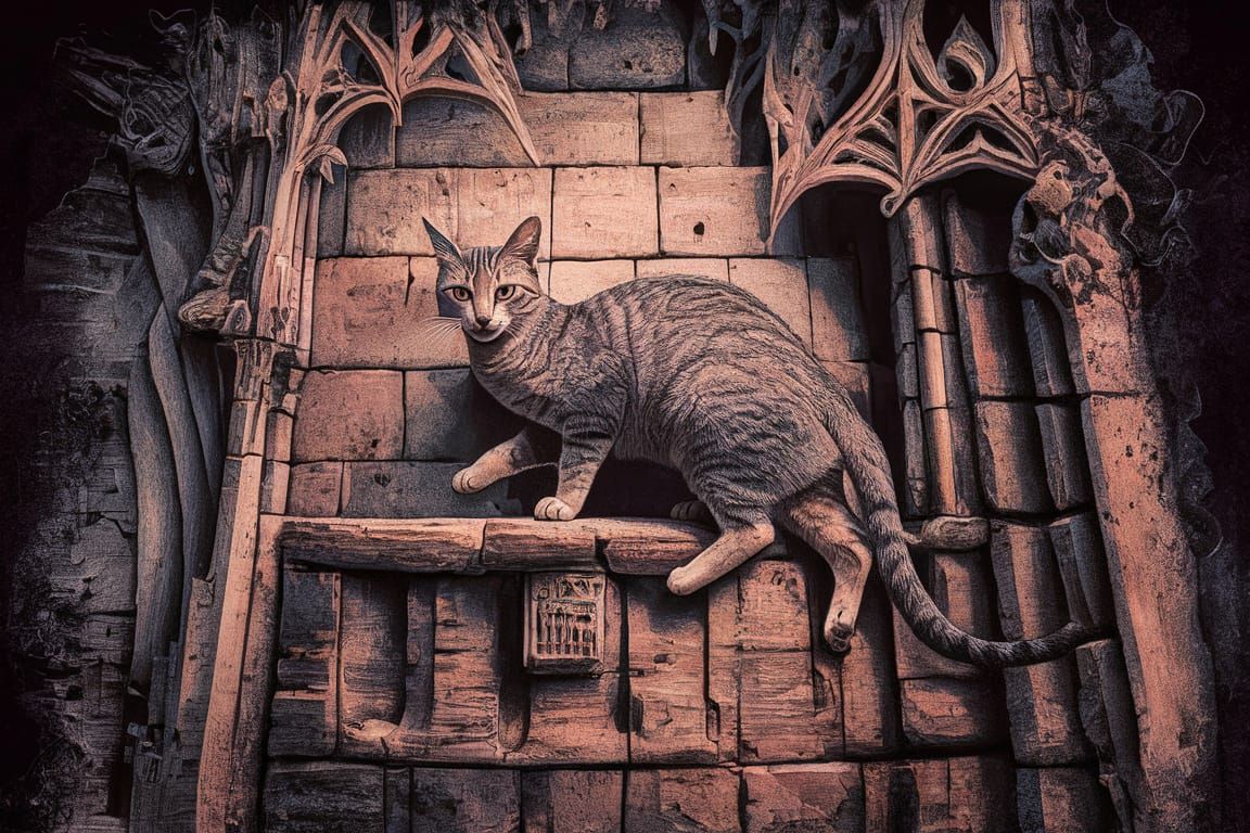 Cat on Ancient Wall in Mixed-Media Style