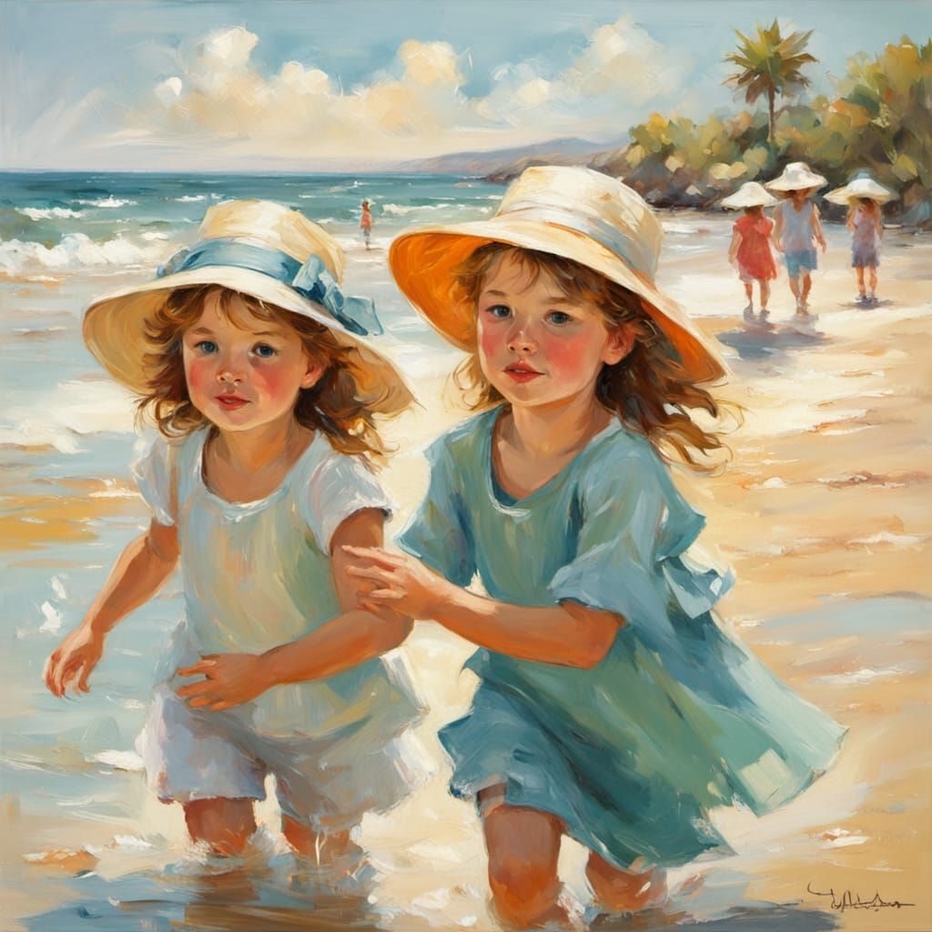 Impressionist Beach Scene with Children at Play