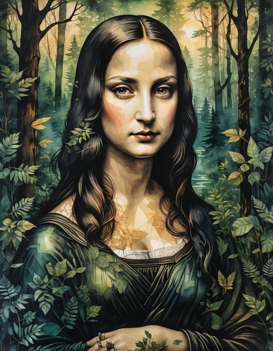 Mona Lisa Portrait in Enchanted Forest Double Exposure