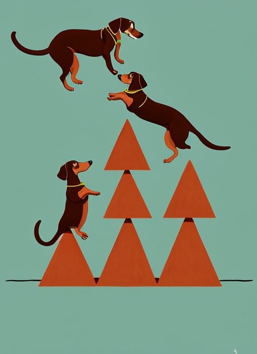 Acrobatic Dachshunds Form Pyramid in Storybook Illustration