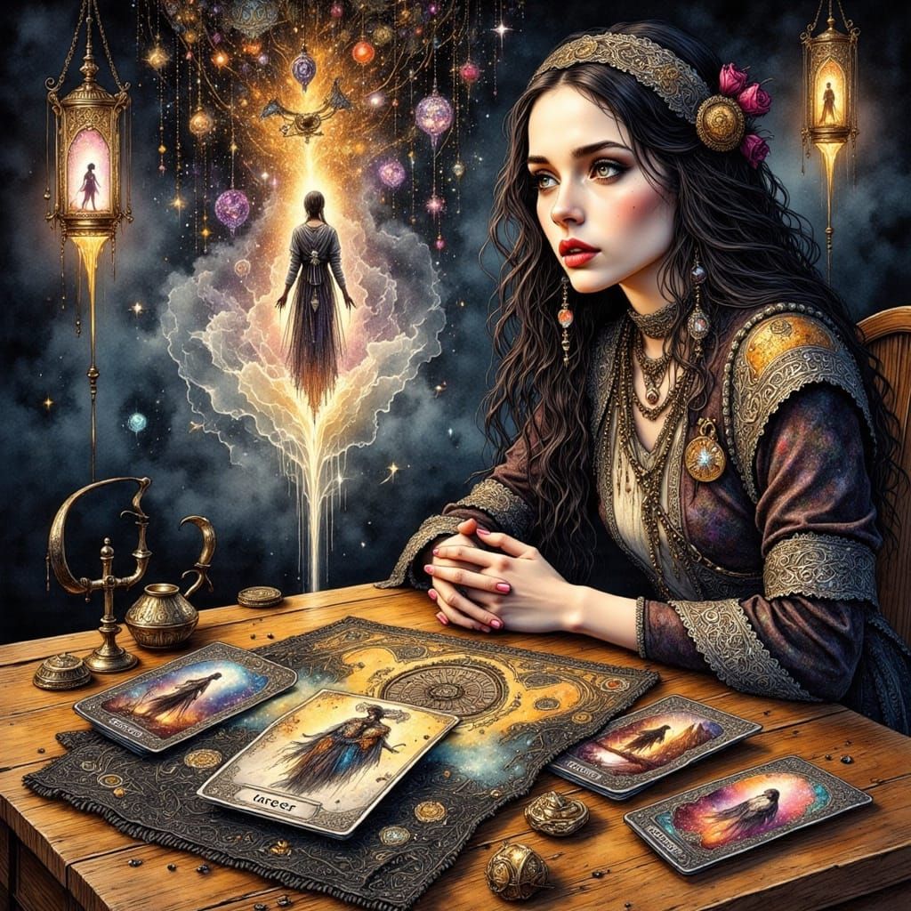 Mystical Tarot Reading in Hyperreal Ink Style