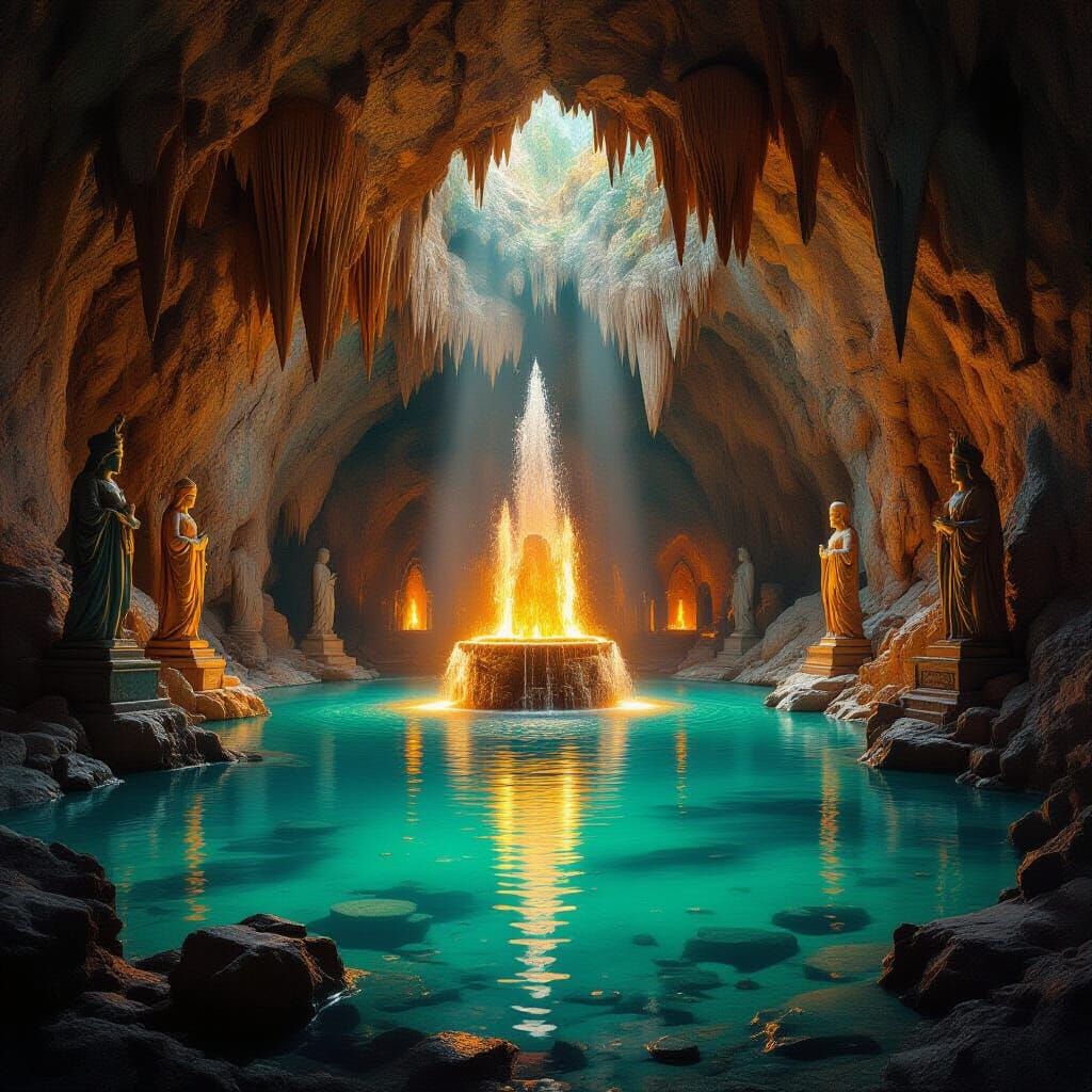 Mystical Cavern With Fiery Fountain and Crystal Lake