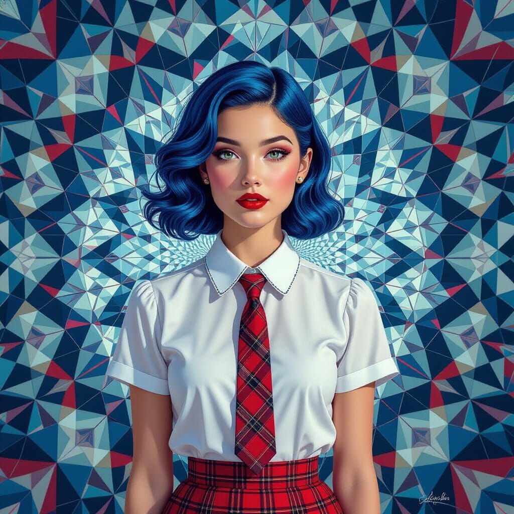 Kaleidoscopic Blue-Haired Woman in Hyperrealistic Style