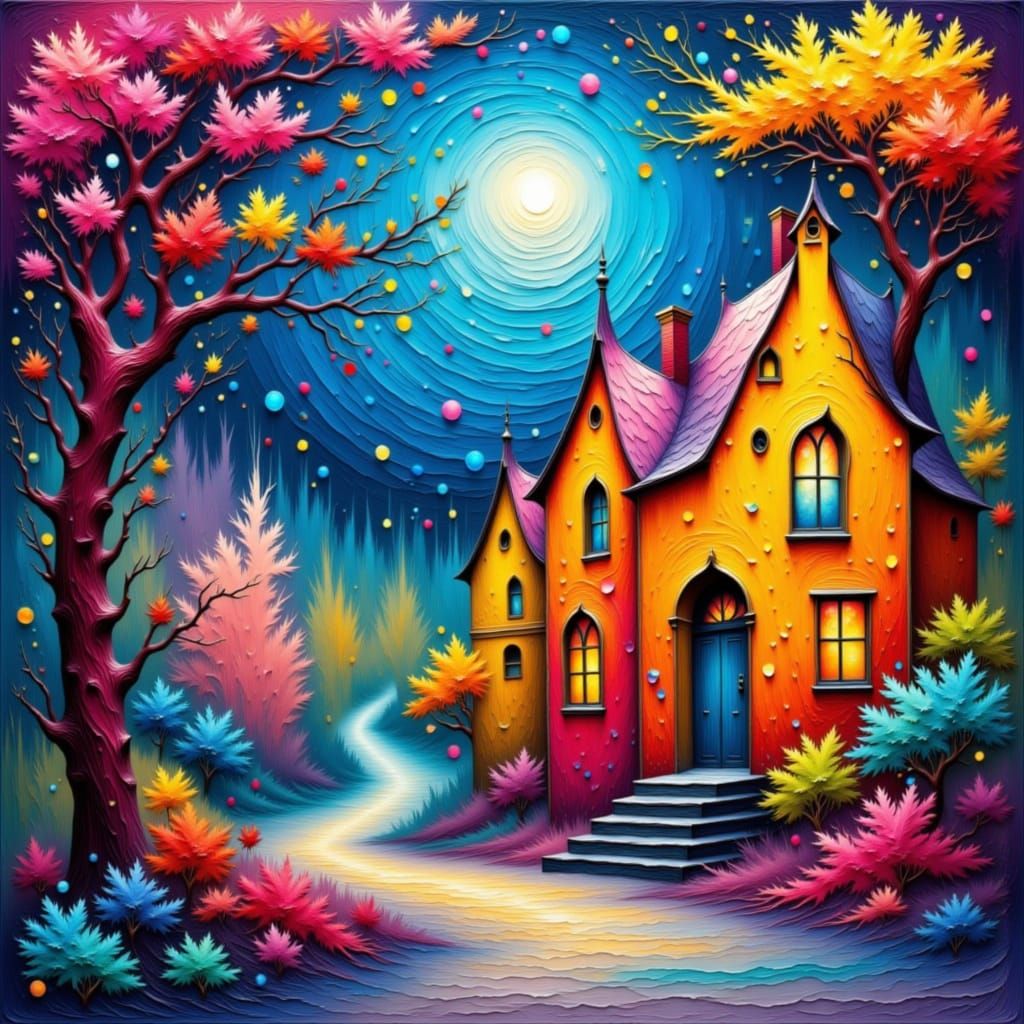 Whimsical Village Illuminated by Glowing Light in Surreal St...