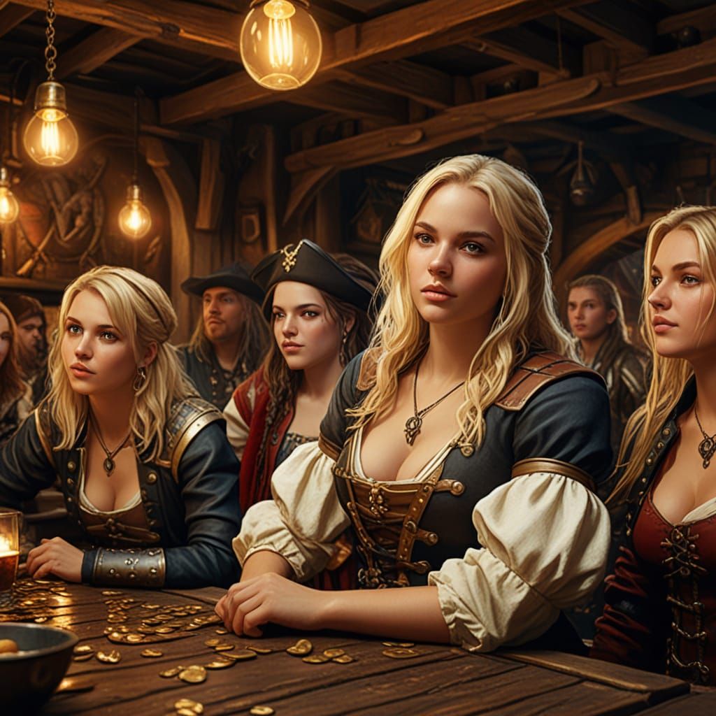Blonde Female Pirates Party in Medieval Tavern