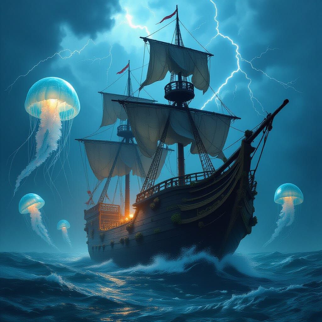 Ancient Galleon Battles Stormy Seas with Bioluminescent Jell...