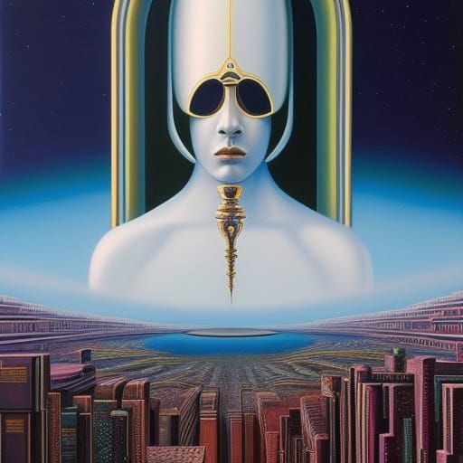 Man in Cyberpunk Robes Gazing at Metaphysical Painting