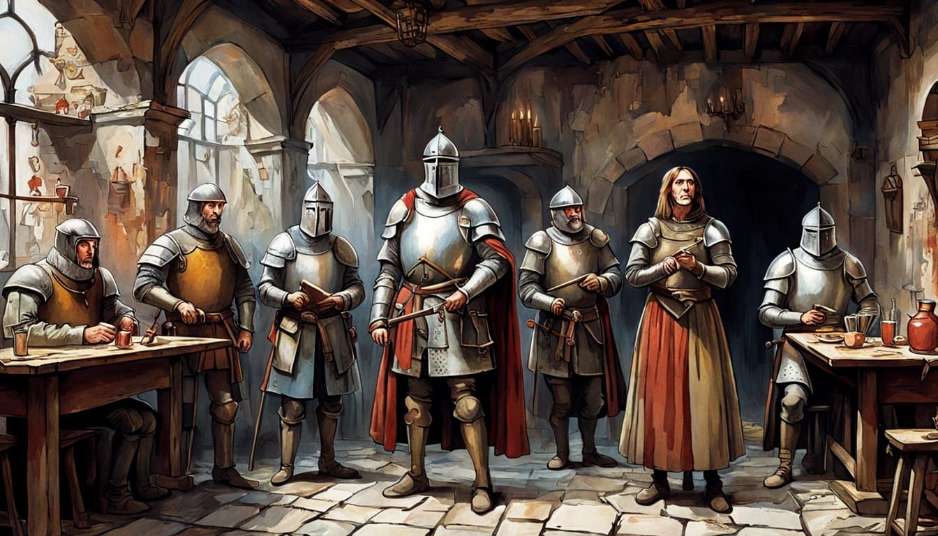Medieval Knights in Inn: Watercolor Impasto Style