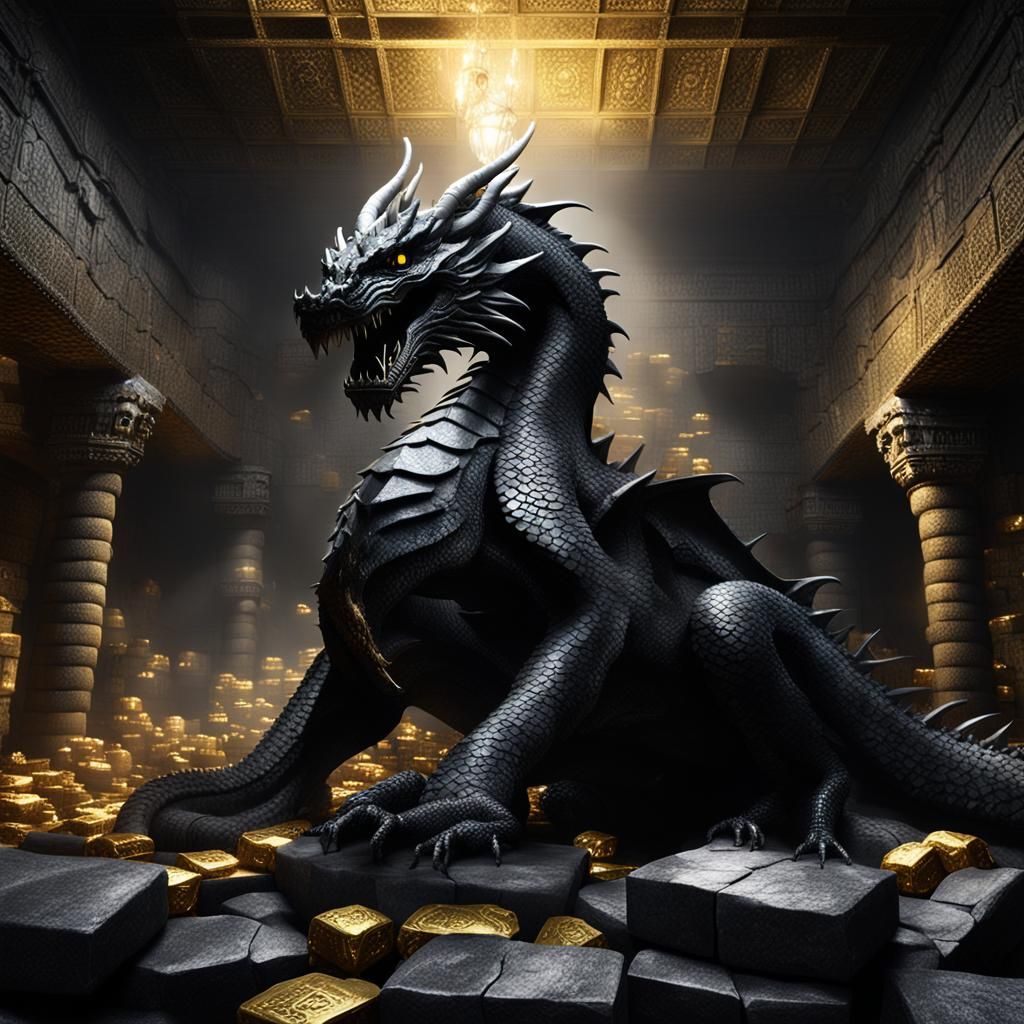 Majestic Black Dragon Guarding Treasure Hoard