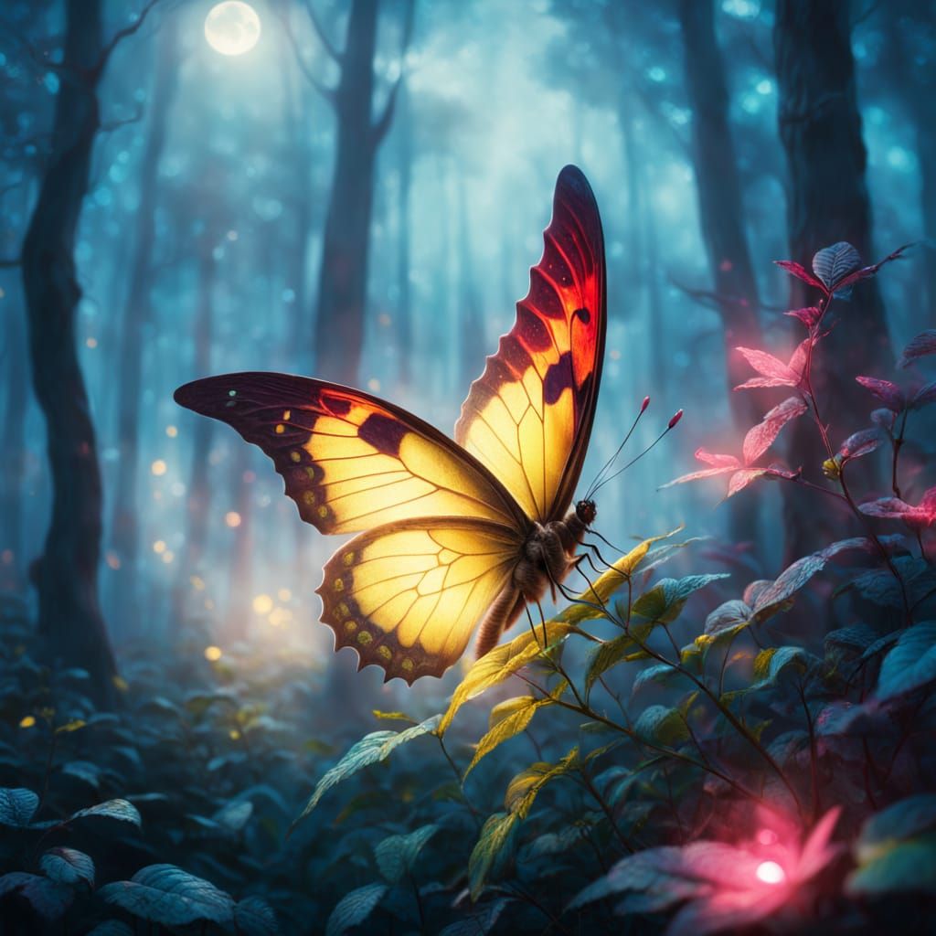 Whispering Moonlit Butterfly in Mystical Forest