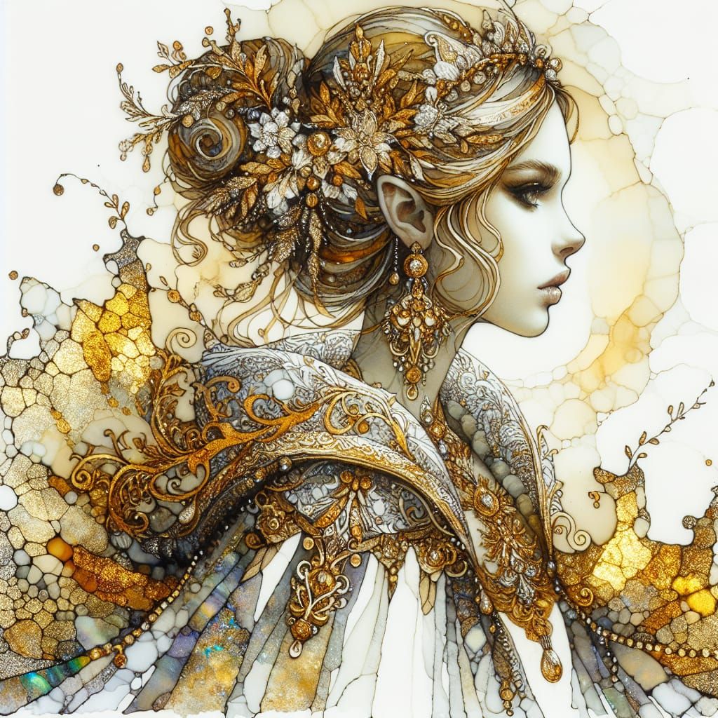 Ethereal Fantasy Princess in Gold Embroidered Robe, Alcohol...